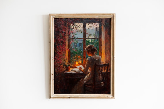 Moody Vintage Woman Writing By Candlelight Cozy Wall Art Romantic Desk Scene Verdant Nighttime View 173