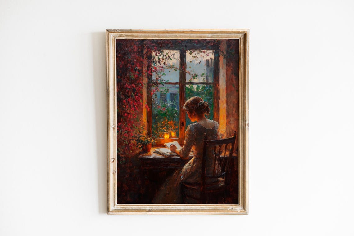Vintage Woman Writing By Candlelight Cozy Window Desk Art Print