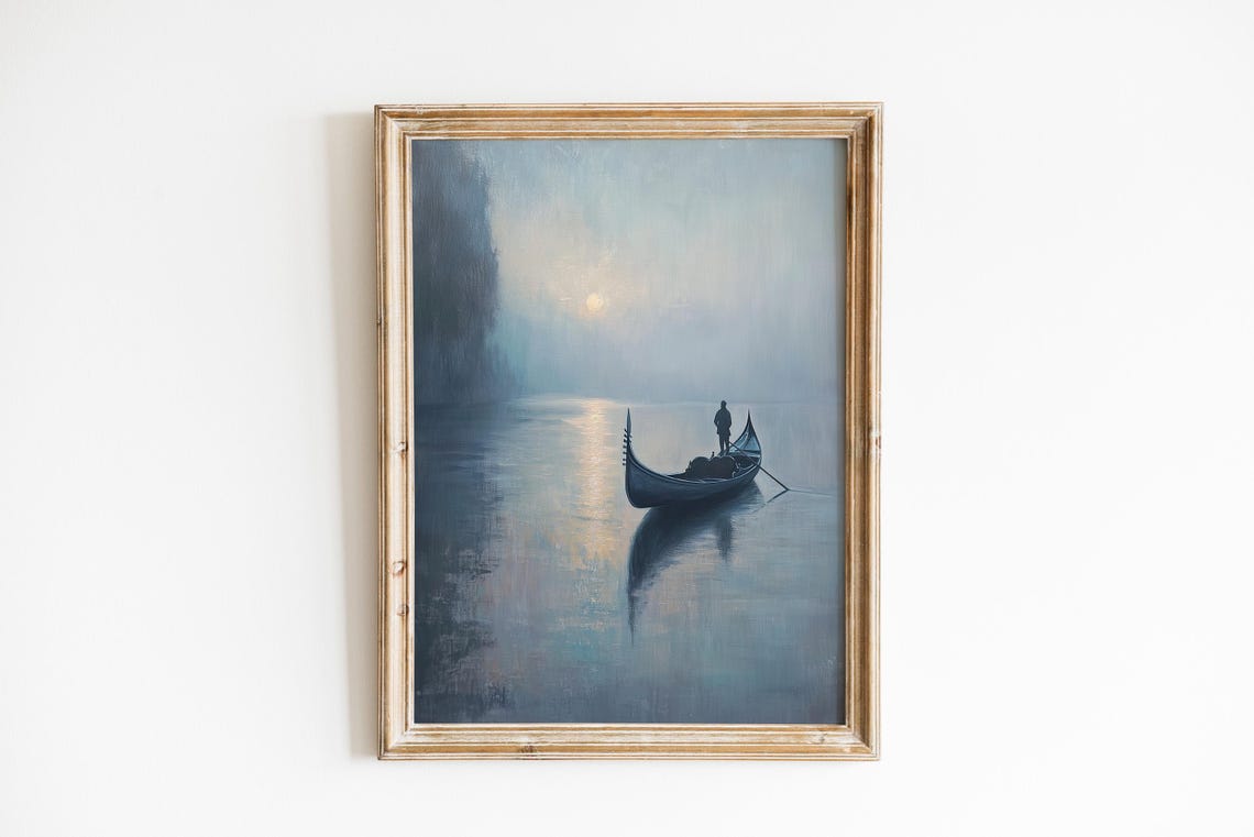 Gondolier Rowing Gondola on Misty Water at Dusk Moody Painting Poster