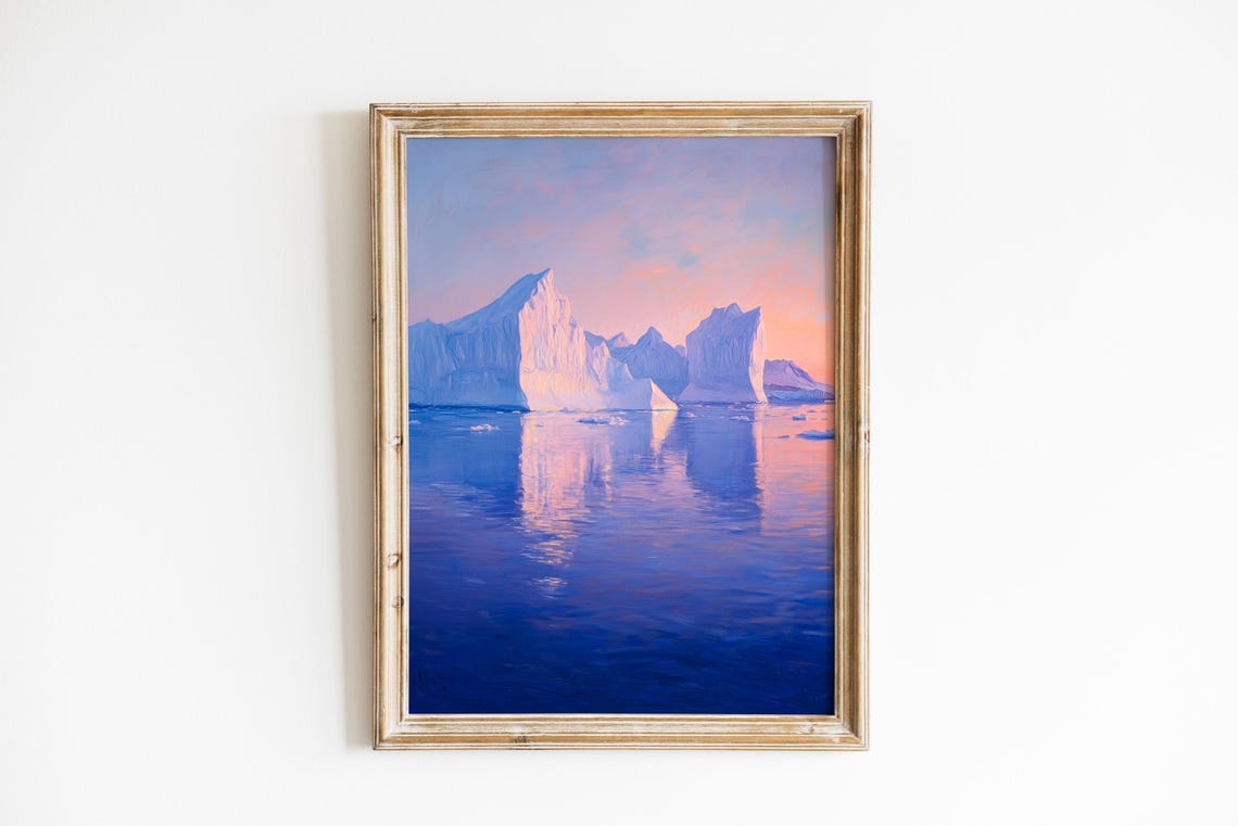 Glowing Icebergs at Dawn Pastel Arctic Seascape Painting Poster