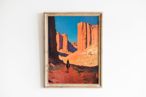 Rustic Desert Rider Print Vintage Western Landscape Art Dramatic Red Sands Painting Wall Decor Instant 354
