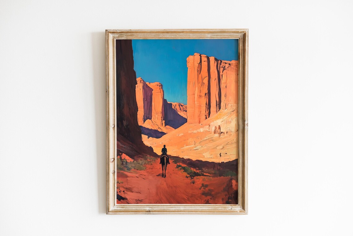 Lone Rider Red Rock Desert Canyon Sunset Western Oil Painting Poster