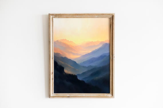 Mountain Sunrise Art Serene Dawn Landscape Rustic Wall Decor Moody Oil Painting Natureinspired 296