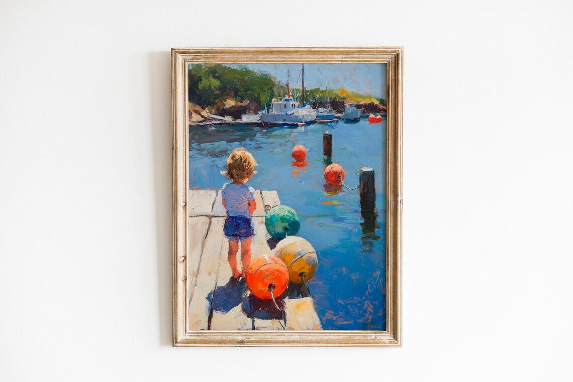 Little Child on Dock Watching Boats Colorful Buoys Painting Print
