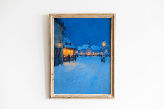 Moody Winter Village Square Painting Cozy Dusk Scene Vintage Landscape Art With Lantern Glow 1076