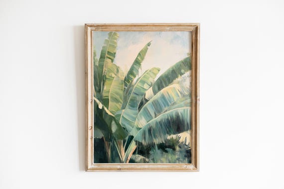 Rustic Tropical Banana Leaves Art Moody Botanical Wall Decor Nature Painting Deep Green Foliage 734
