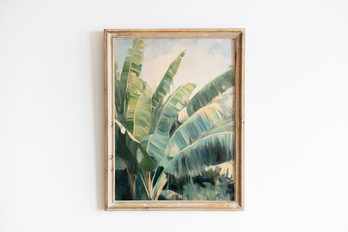 Rustic Tropical Banana Leaves Art Moody Botanical Wall Decor Nature Painting Deep Green Foliage 734