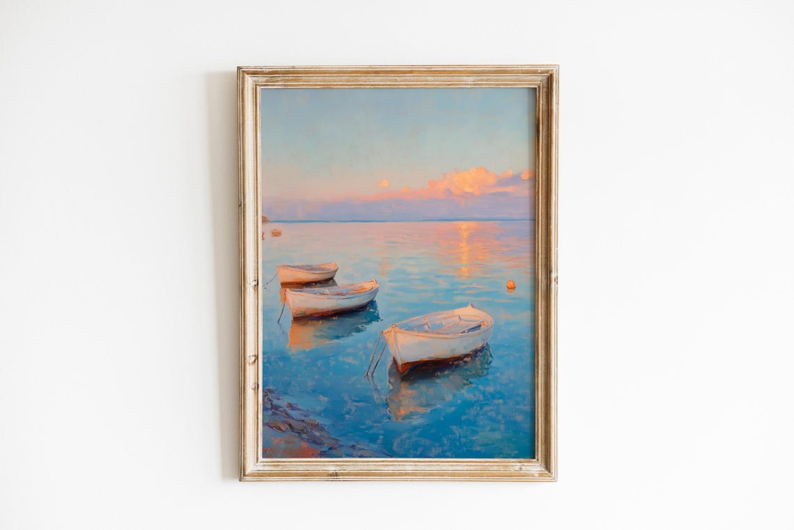 Rowboats Drifting at Sunset Pastel Seascape Coastal Art Poster