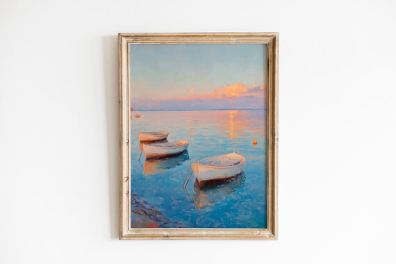 Rowboats Drifting at Sunset Pastel Seascape Coastal Art Poster
