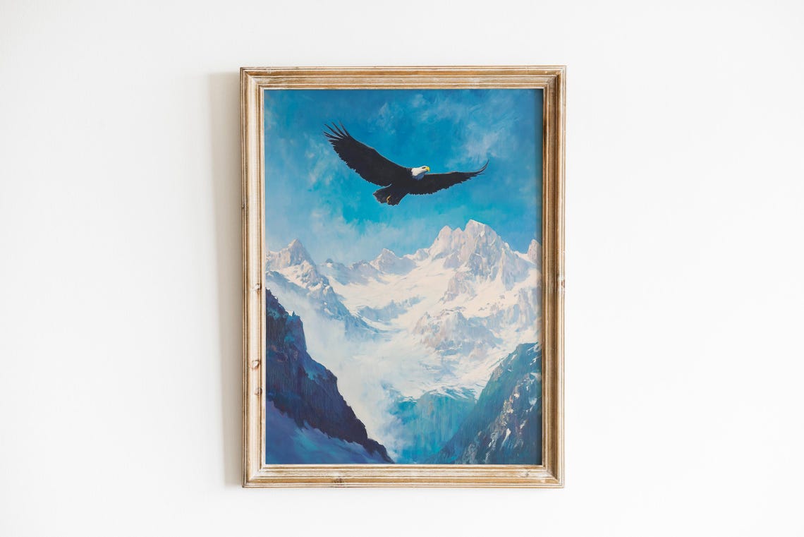 Majestic Bald Eagle Soaring Snowy Mountain Peaks Wildlife Art Poster