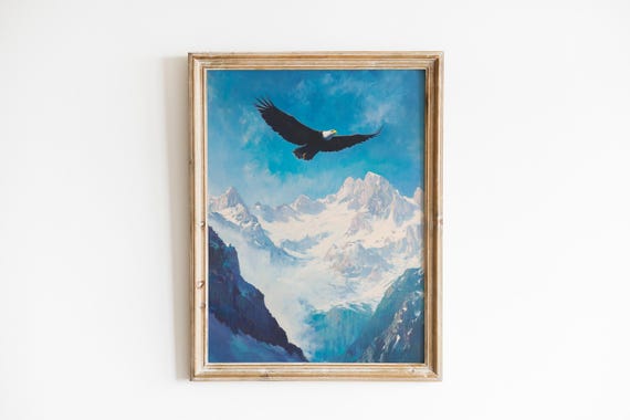 Majestic Eagle Over Snowy Peaks Art Moody Mountain Landscape Rustic Lodge Wall Decor Winter Scene 397