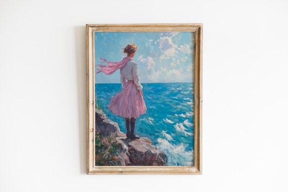 Coastal Vintage Sailors Wife On Rocky Shore Moody Nautical Wall Art Romantic Impressionist Scene 161