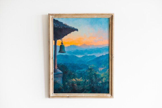 Temple Bell at Sunrise Misty Mountains Serene Painting Art Poster