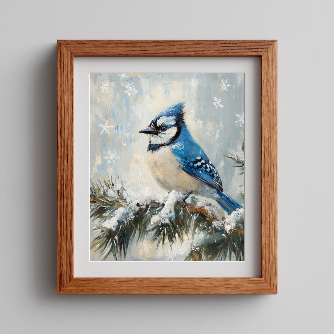 Blue Jay on Snowy Pine Branch Winter Bird Painting Nature Art Poster