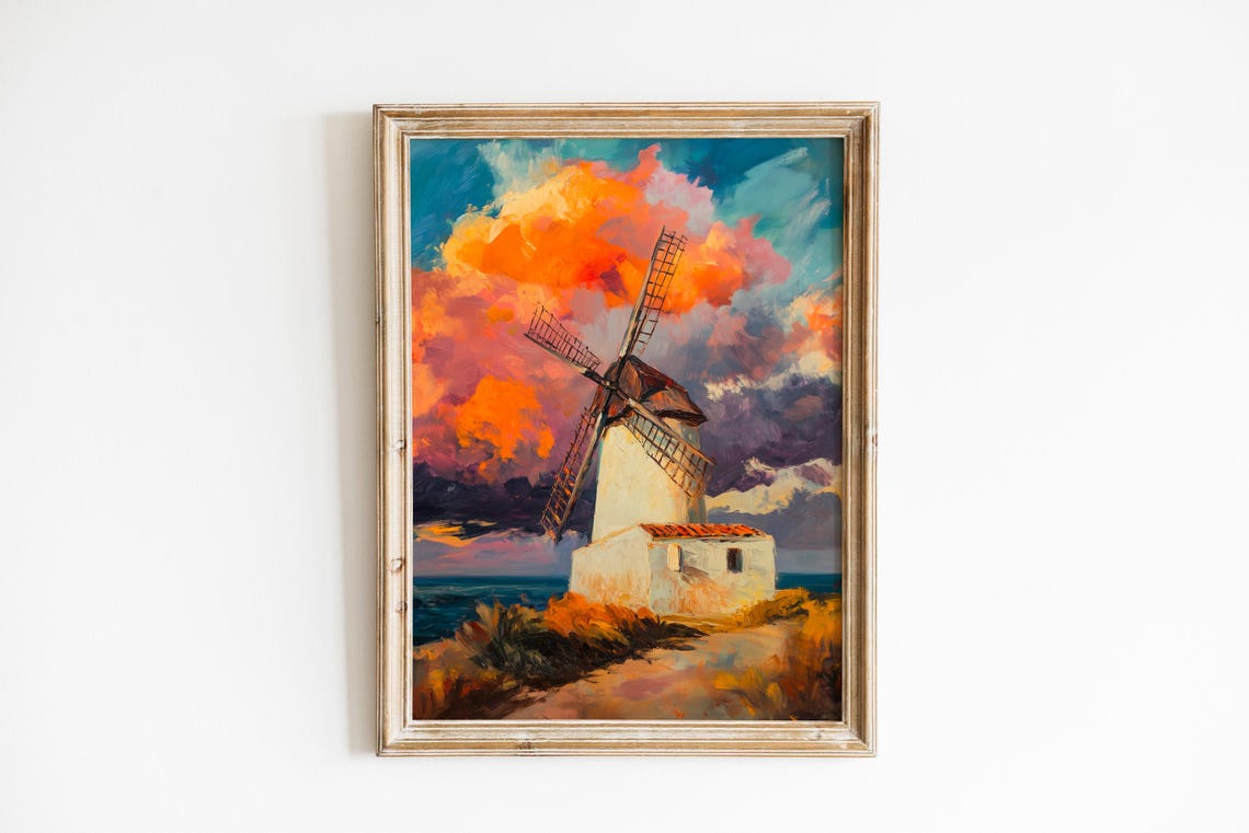 White Windmill Against Fiery Sunset Sky Rustic Landscape Poster
