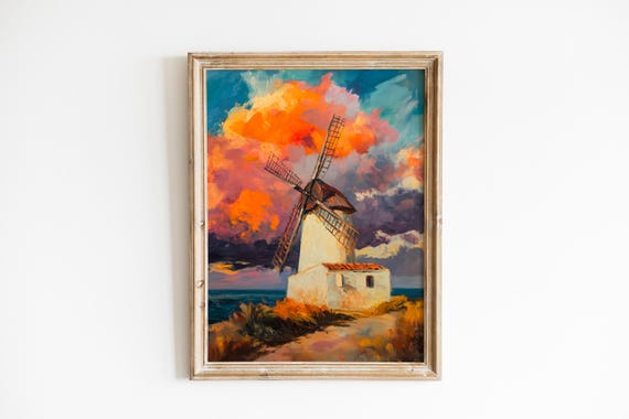 Dramatic Windmill Against Fiery Sky Rustic Moody Landscape Art Vintage Paintery Scene Sails And Clouds 455