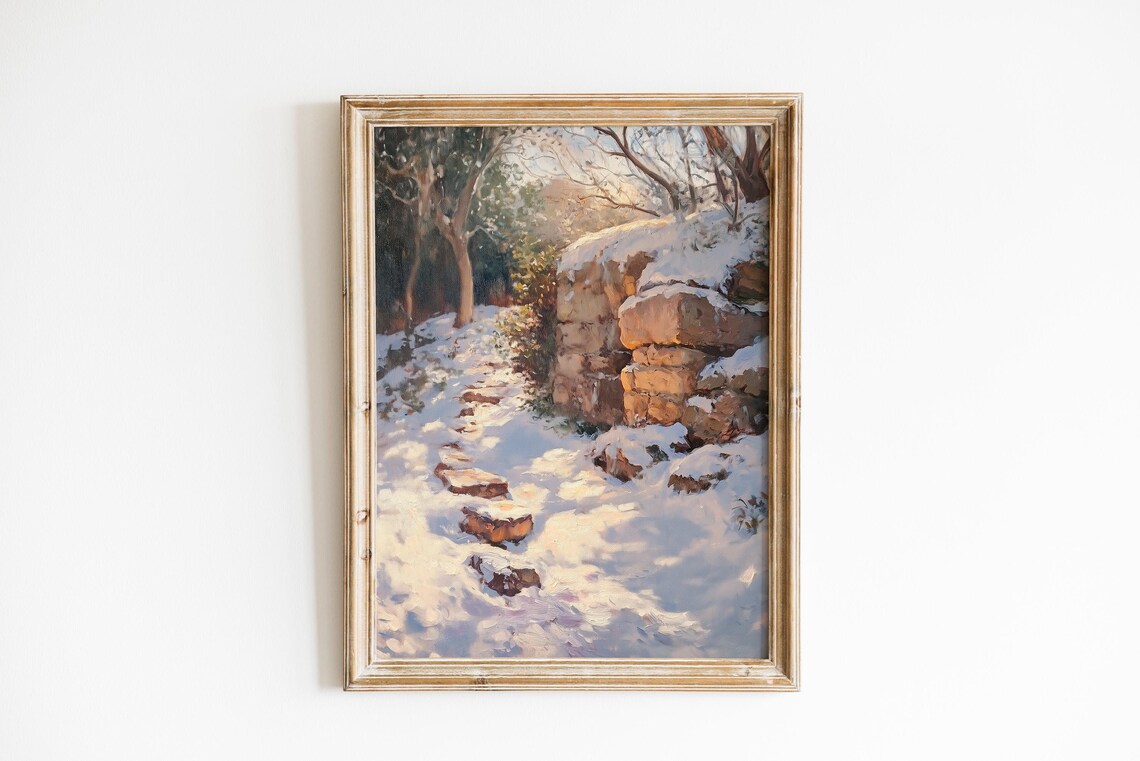 Snow Covered Stone Path Through Winter Woods Oil Painting Poster