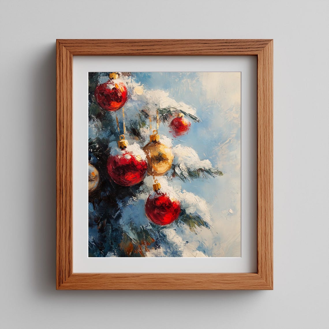 Red and Gold Christmas Ornaments on Snowy Branches Holiday Art Poster