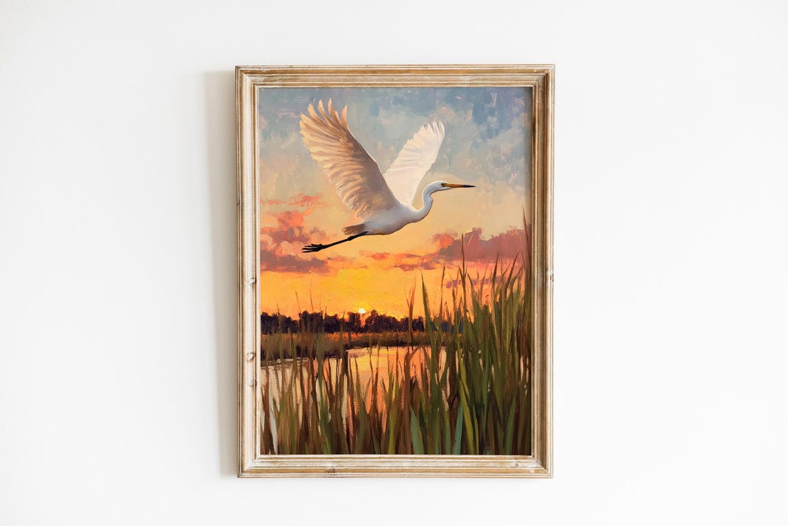 White Egret Flying Over Marsh Sunset Coastal Wildlife Painting Poster