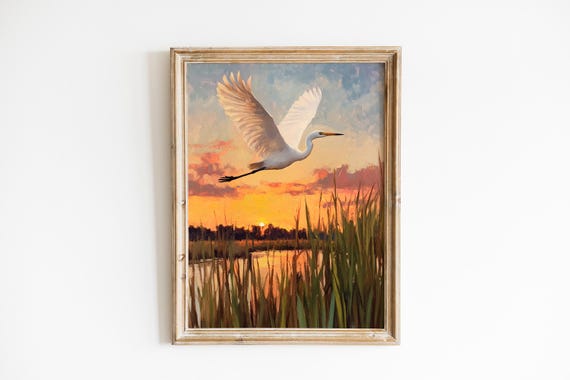 Egrets Over Marshland Art Coastal Landscape Painting Moody Sunset Scene Natureinspired Decor Serene Wall 400
