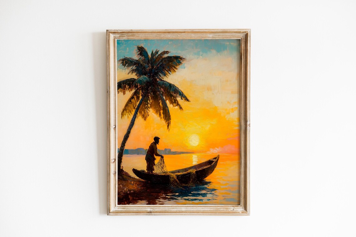Tropical Sunset Fisherman Palm Boat Warm Coastal Scene Art Poster