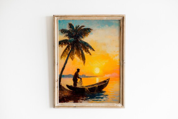 Tropical Sunset Fisherman Palm Boat Warm Coastal Scene Art Poster
