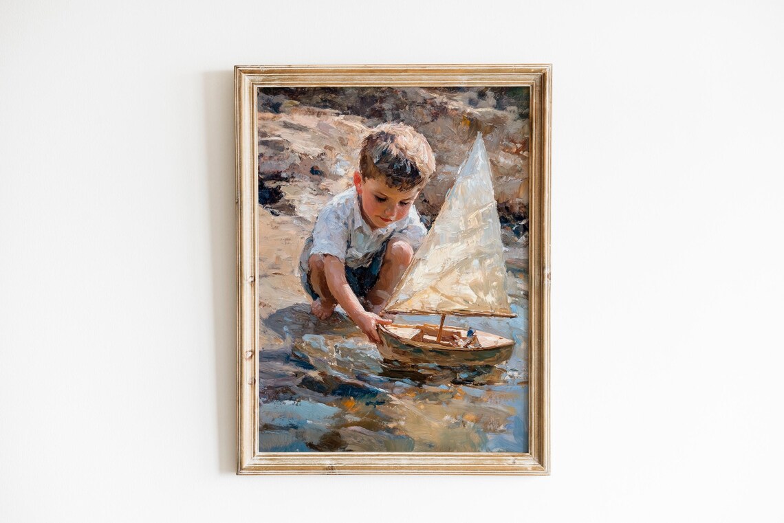 Boy Toy Sailboat Shore Impressionist Oil Painting Nostalgic Wall Art