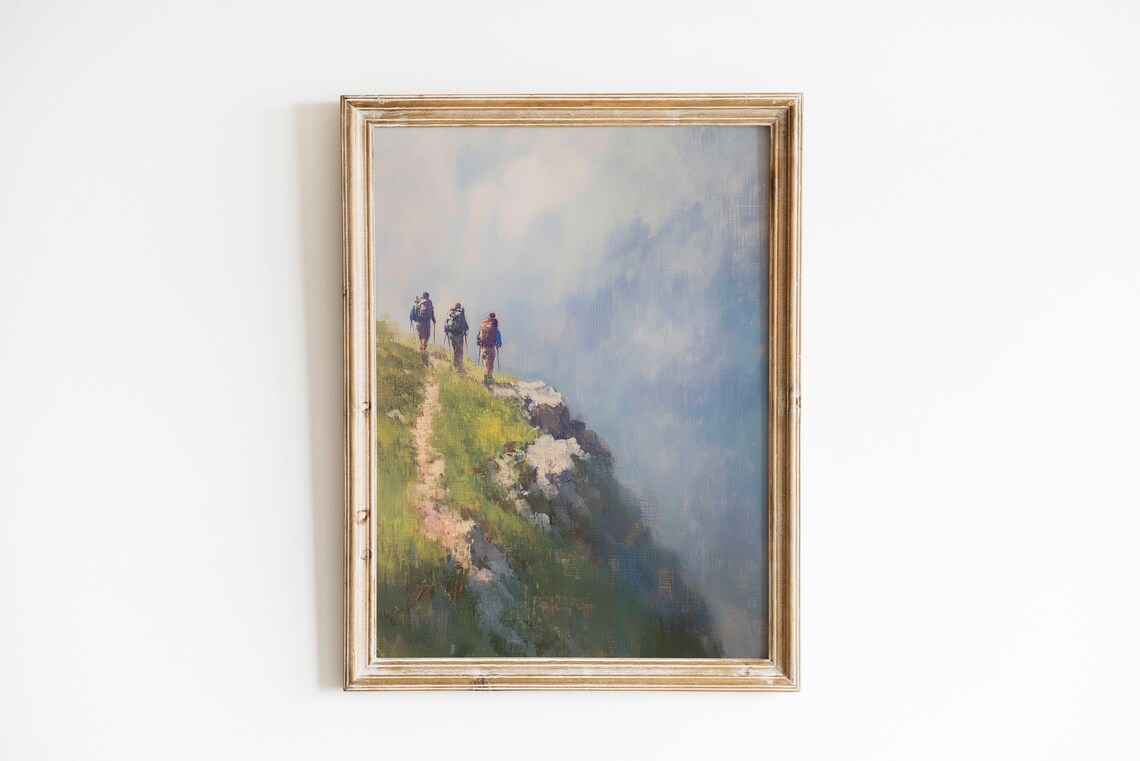 Three Hikers on Mountain Ridge Trail Moody Oil Painting Poster