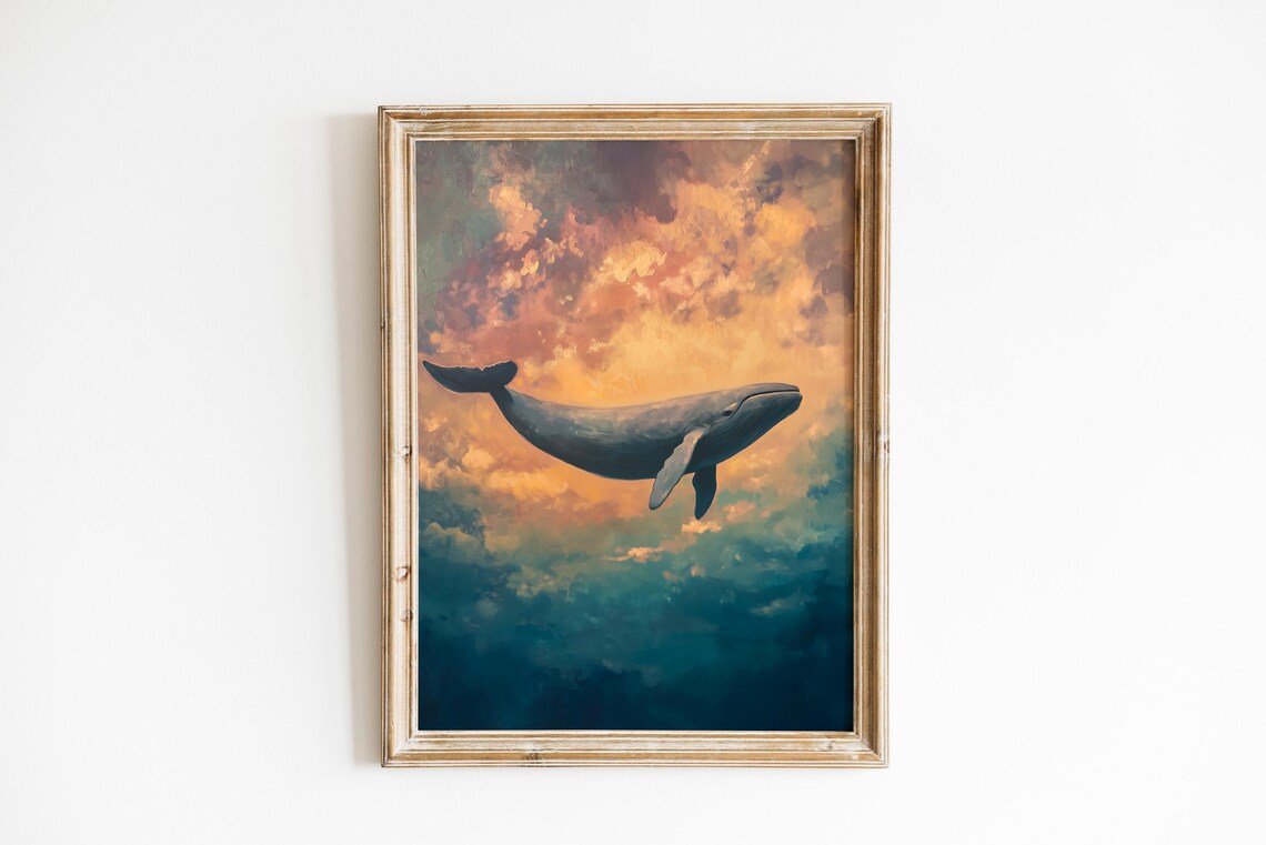 Gray Whale Drifting Through Golden Clouds Dreamy Ocean Art Poster