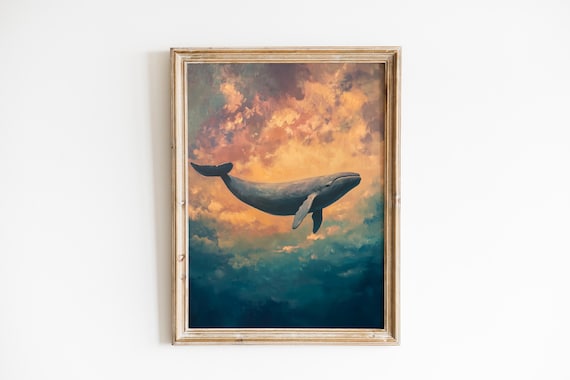 Gray Whale Drifting Through Golden Clouds Dreamy Ocean Art Poster