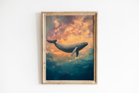 Moody Coastal Gray Whale Dramatic Underwater Scene With Rosestreaked Sky Surreal Ocean Wall Art Instant 1145