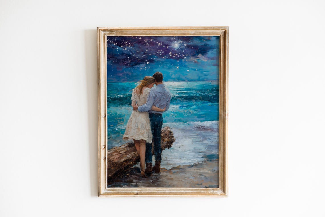 Romantic Couple Night Beach Painting Poster Starry Ocean Embrace Art