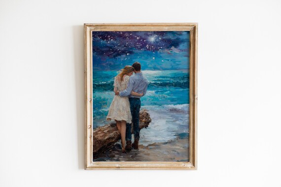 Moody Coastal Art Romantic Lovers By The Shore Ocean Scene Painting Driftwood Log Nighttime Seascape 263