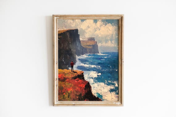 Moody Coastal Wall Art Traveler On Windy Cliffs Vintage Romantic Landscape Ocean Waves Painting Rustic Decor 431