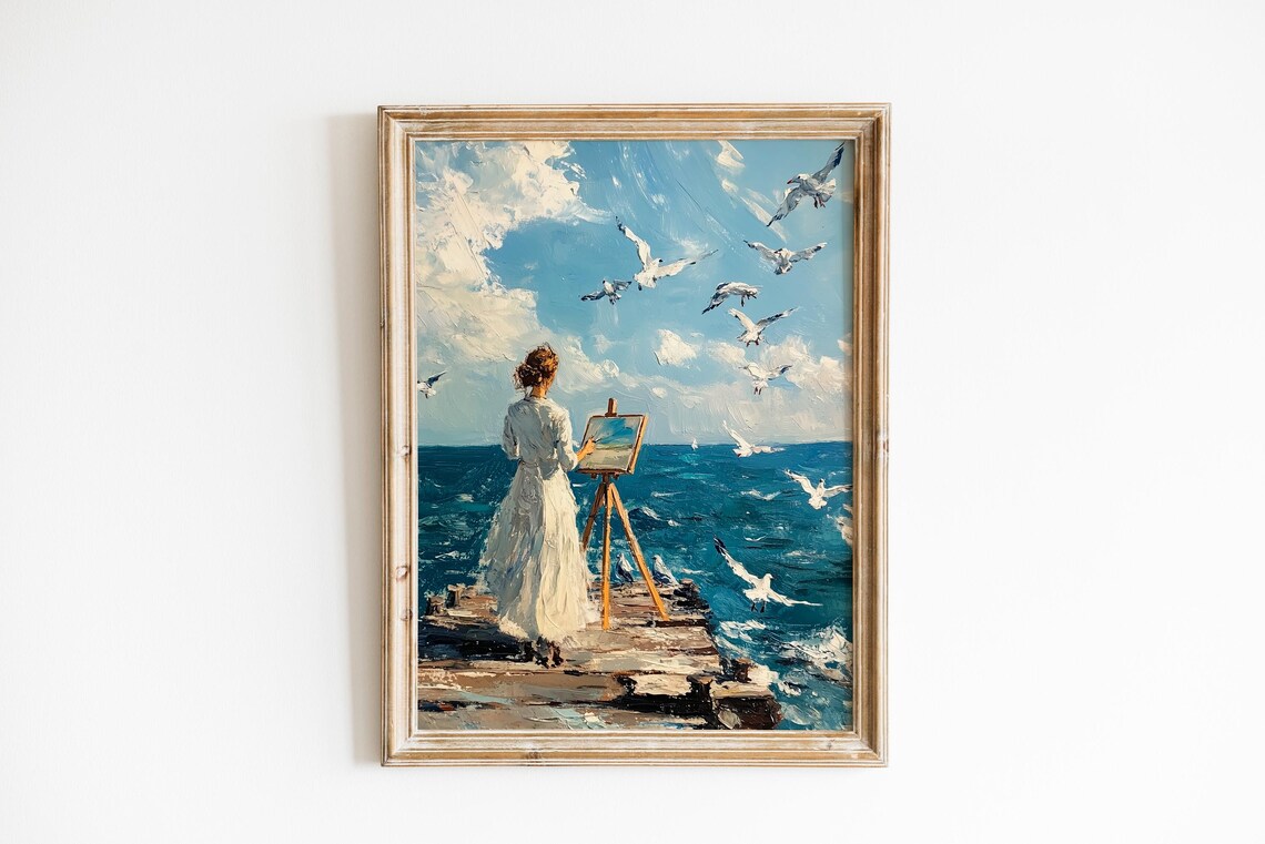 Woman Artist Painting On Rocky Pier With Flying Seagulls Ocean Poster