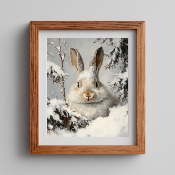 Cute Fluffy Rabbit In Snow Print Vintage Winter Wall Art Cozy Cottage Decor Snowy Landscape 15