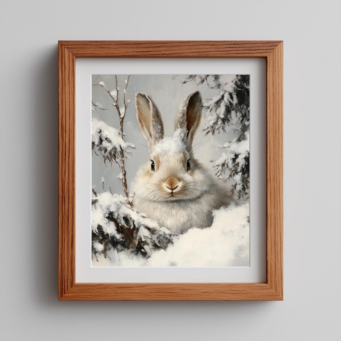 White Rabbit In Snow Vintage Winter Wildlife Painting Poster