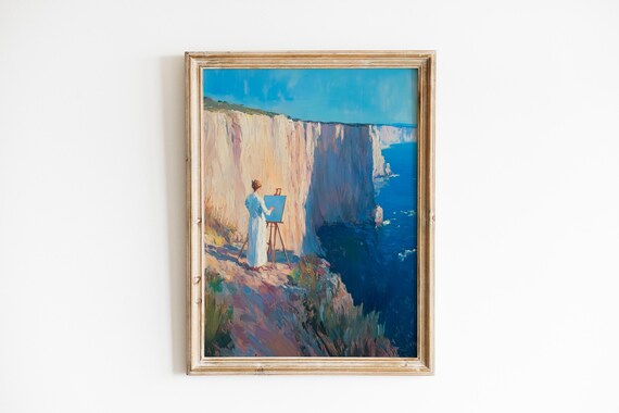 Woman Artist Painting Coastal Cliffs Easel Blue Sea Vintage Art Print