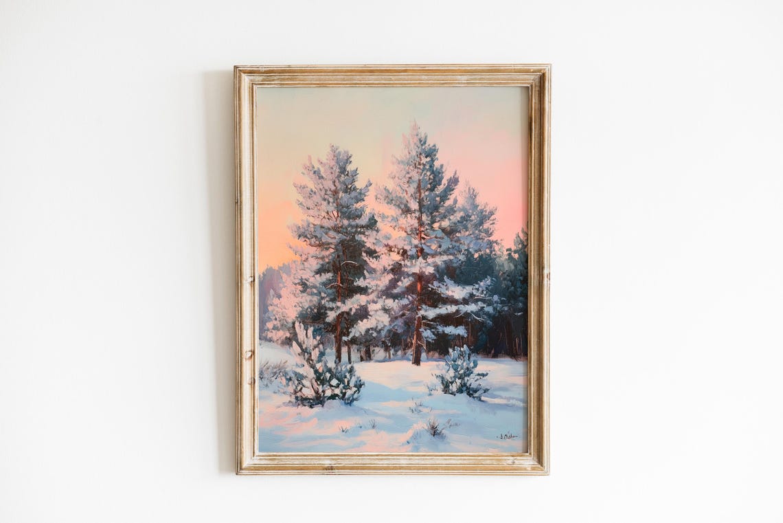 Snowy Pine Forest Pastel Sunrise Winter Landscape Art Poster