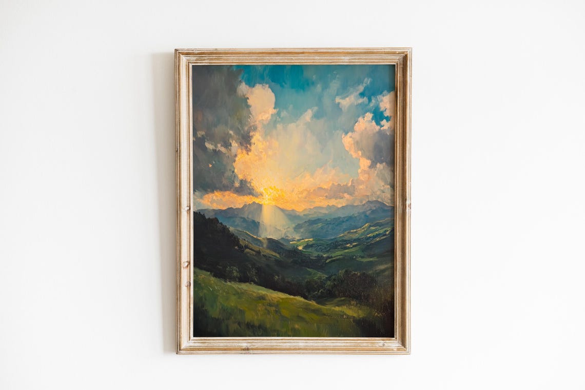 Moody Sunbeams Breaking Through Clouds Over Green Valley Poster