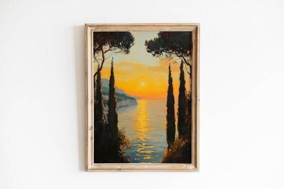 Cypress Trees Golden Sunset Poster Moody Mediterranean Coastal Painting Art