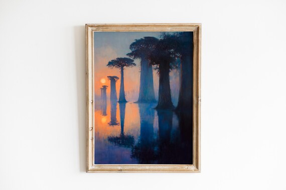 Moody Baobab Trees At Dawn Tranquil Landscape Art Oil Painting Serene Nature Scene Atmospheric Wall Decor 605