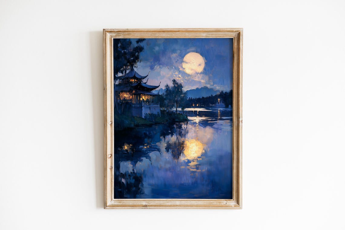 Moonlit Asian Temple Rooftops Nocturnal Lakeside Oil Painting Poster