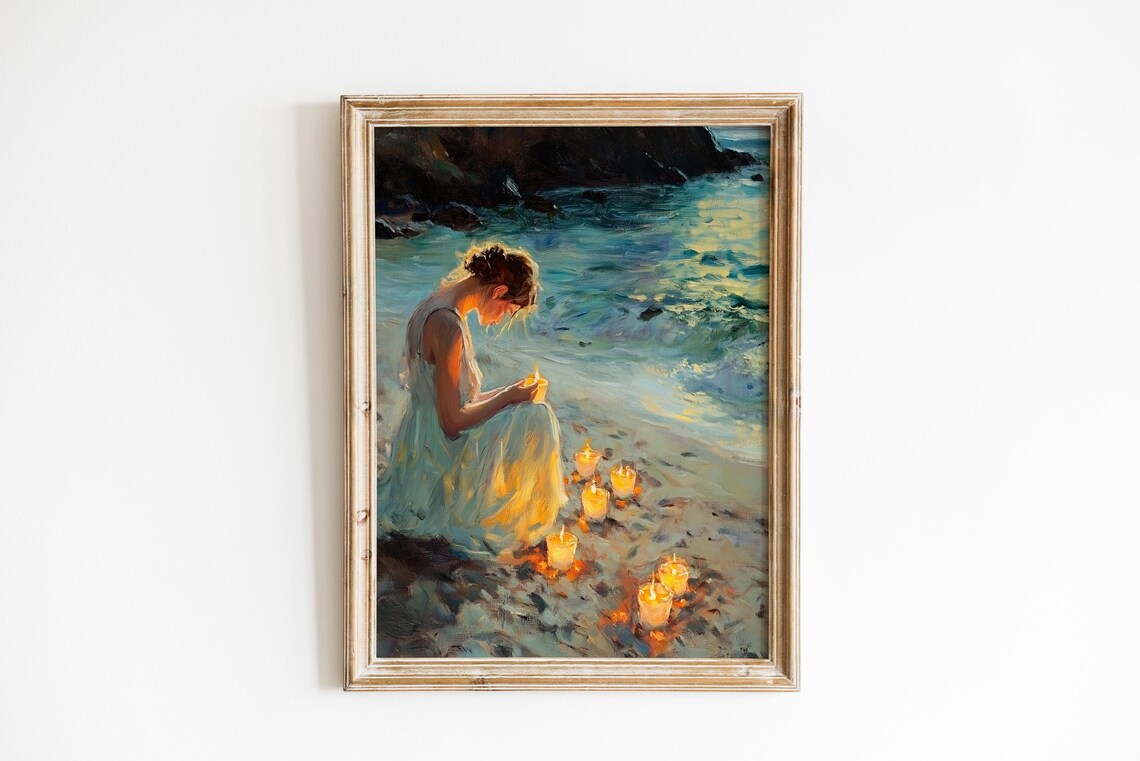 Woman Lighting Candles Beach Painting Poster Twilight Ocean Serene Art