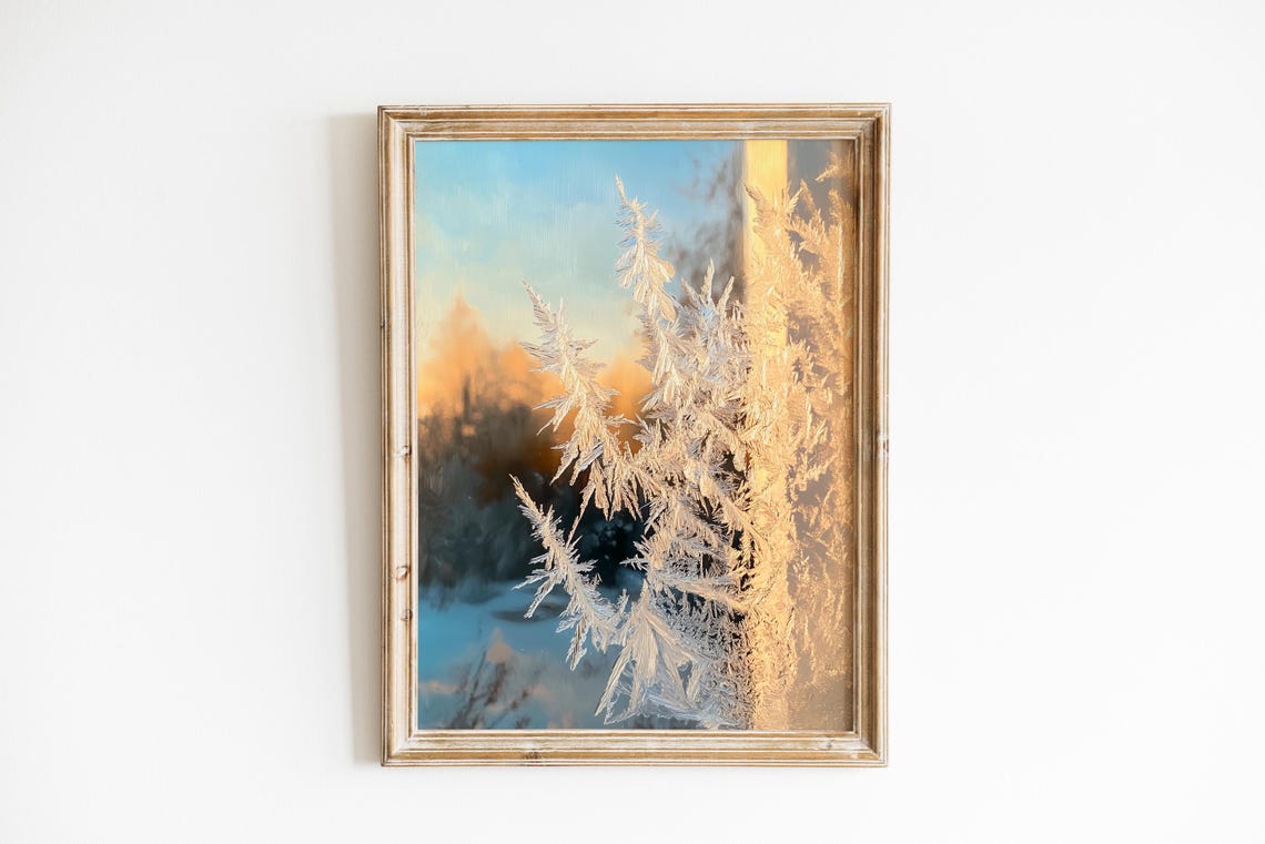 Golden Winter Frost Crystals Close Up Moody Textured Ice Art Poster