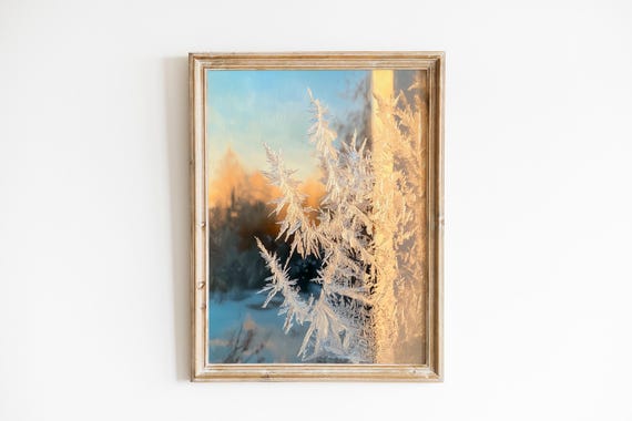 Winter Frost Crystals Painting Moody Textured Ice Art Cozy Seasonal Nature Decor Earthy Window Scene 443