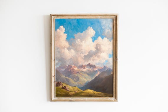 Majestic Andean Mountain Landscape Art Dramatic Clouds Serene Vintage Scene Atmospheric Wall Decor 272