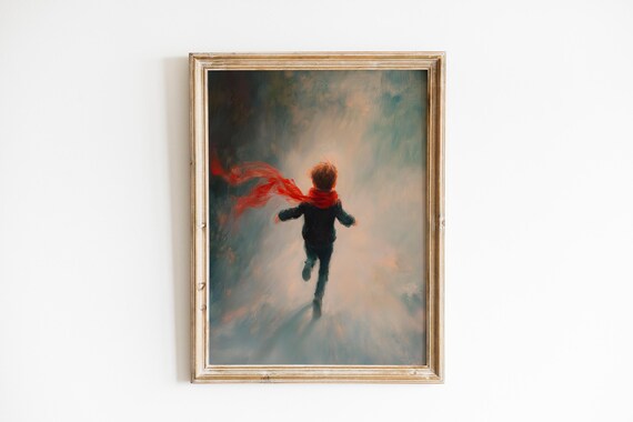 Child Running with Red Scarf in Mist Dramatic Cinematic Art Poster