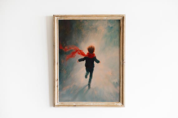 Dramatic Child Running Painting Moody Atmospheric Wall Art Red Scarf Accent Cinematic Style Solitary Figure Decor 990