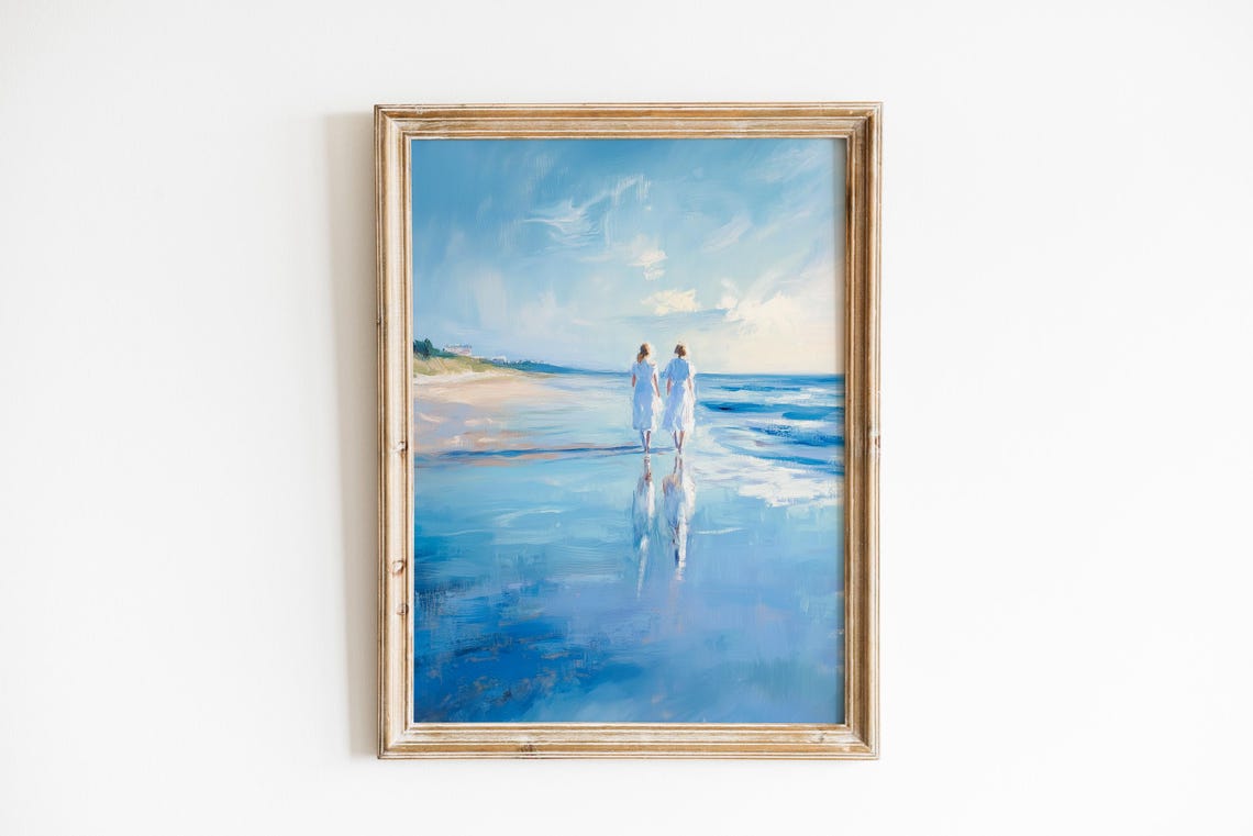 Two Women In White Dresses Mirror Beach Romantic Walk Poster